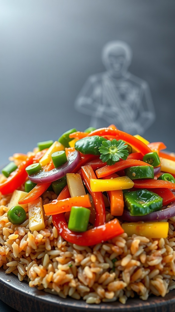 A colorful bowl of vegetable stir-fry with brown rice, featuring a mix of vibrant bell peppers, green peas, and other fresh vegetables.