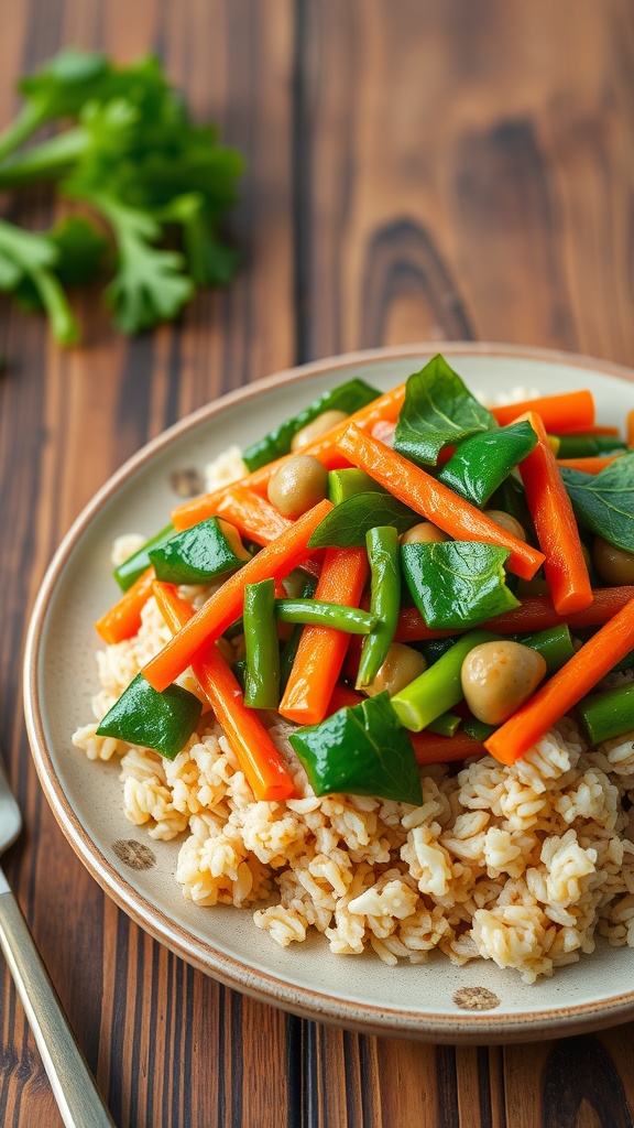 A colorful vegetable stir-fry with brown rice on a plate.