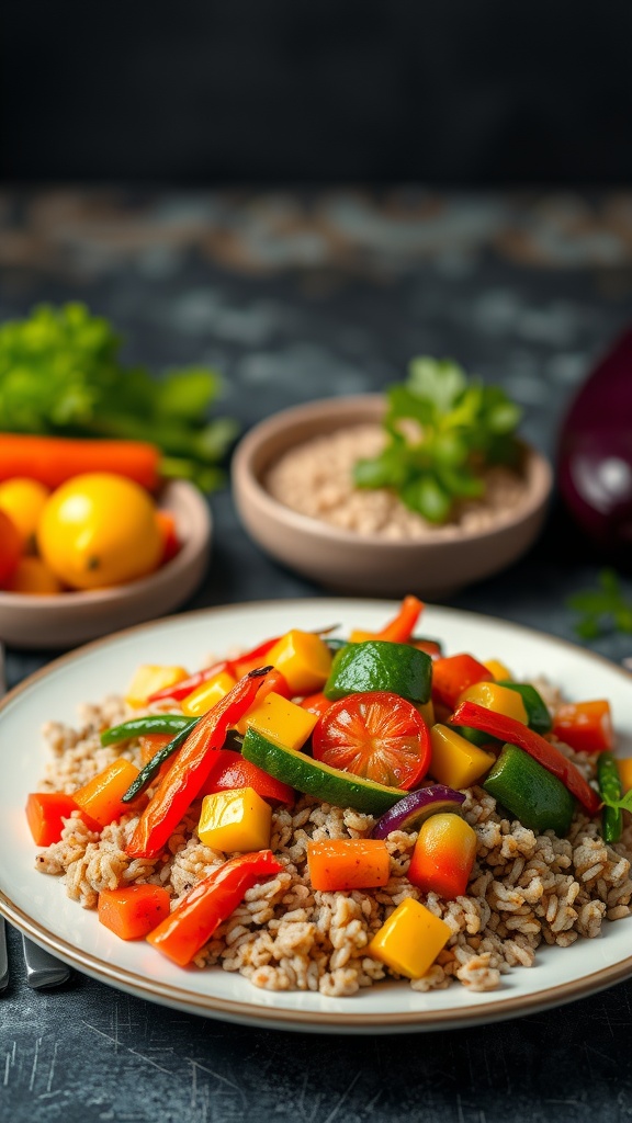 A colorful vegetable stir-fry served on a plate with brown rice, featuring bell peppers, zucchini, broccoli, and carrots.