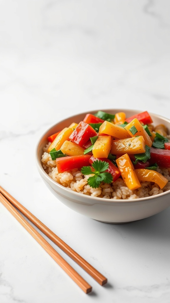 A bowl of colorful vegetable stir-fry with brown rice, featuring red, yellow, and green bell peppers.