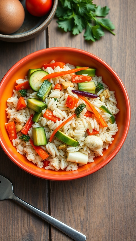 A colorful bowl of vegetable stir-fry with rice, featuring various fresh veggies.