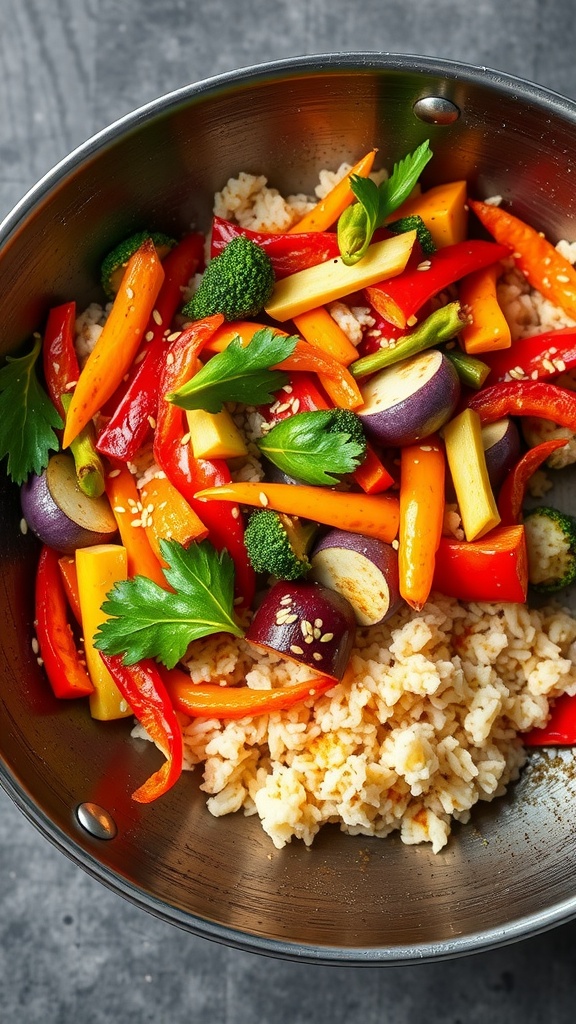 A colorful vegetable stir-fry with vibrant bell peppers, broccoli, and other assorted vegetables served over rice.