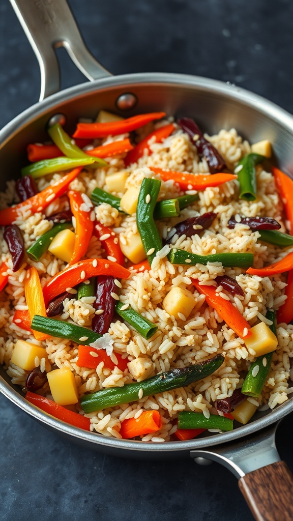 A colorful vegetable stir-fry with rice, featuring bell peppers, green beans, and carrots.