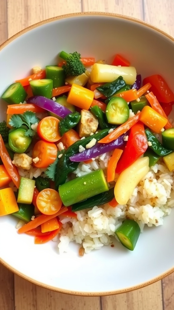 A colorful bowl of vegetable stir-fry with rice, showcasing a mix of fresh vegetables.