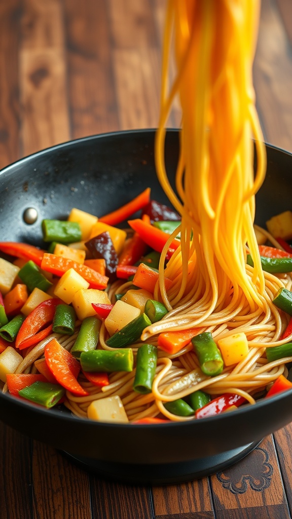 A vibrant vegetable stir-fry with noodles in a black skillet.