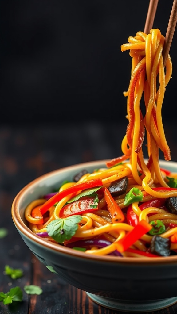A bowl of colorful vegetable stir-fry with noodles, garnished with fresh herbs.
