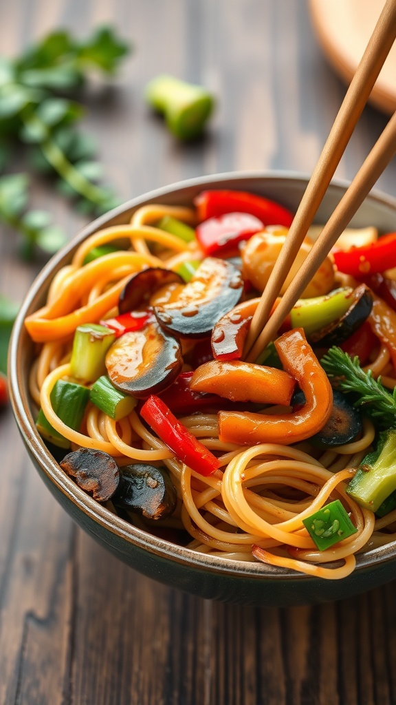A bowl of vegetable stir-fry with colorful veggies and noodles, served with chopsticks.