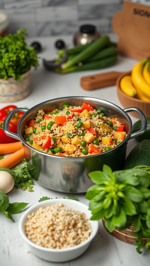 A pot of colorful vegetable stir-fry with quinoa, surrounded by fresh ingredients.