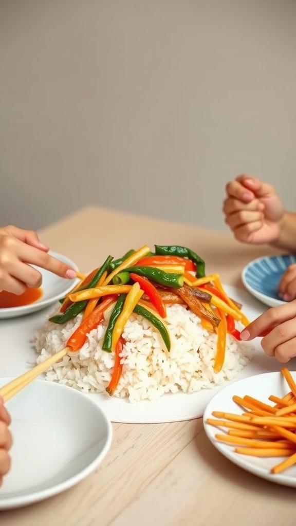 A plate of vegetable stir-fry with rice, colorful vegetables piled on top of fluffy rice, and chopsticks ready for kids to enjoy.