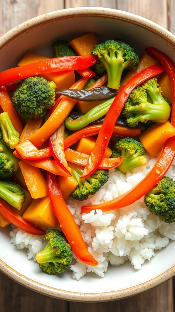 A bowl of vegetable stir-fry with vibrant vegetables atop a bed of rice.