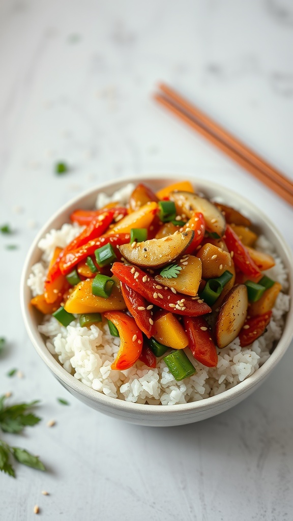 A bowl of vegetable stir-fry with rice, featuring colorful bell peppers, green onions, and sesame seeds.