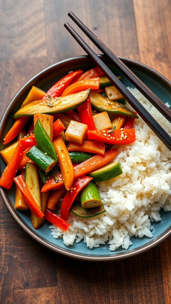 A bowl of colorful vegetable stir-fry with rice and chopsticks.