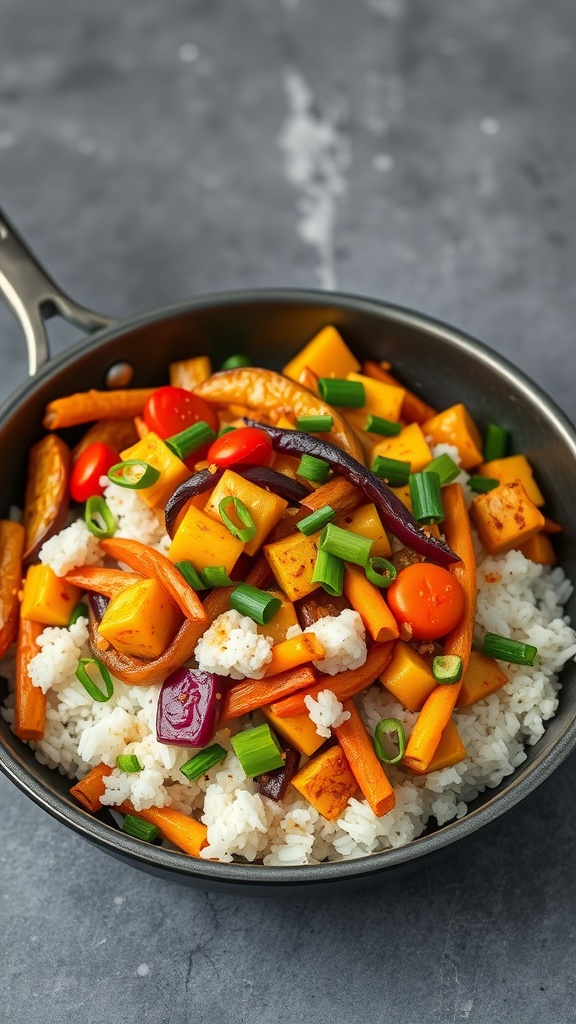A bowl of vegetable stir-fry served over rice, featuring colorful bell peppers, carrots, zucchini, and broccoli.