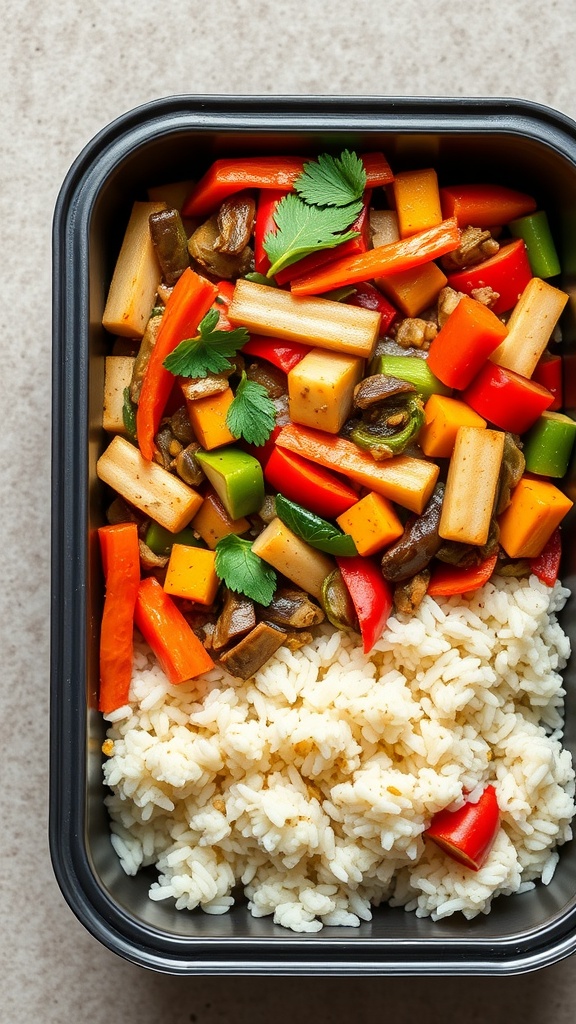 A colorful vegetable stir-fry with rice in a meal prep container.