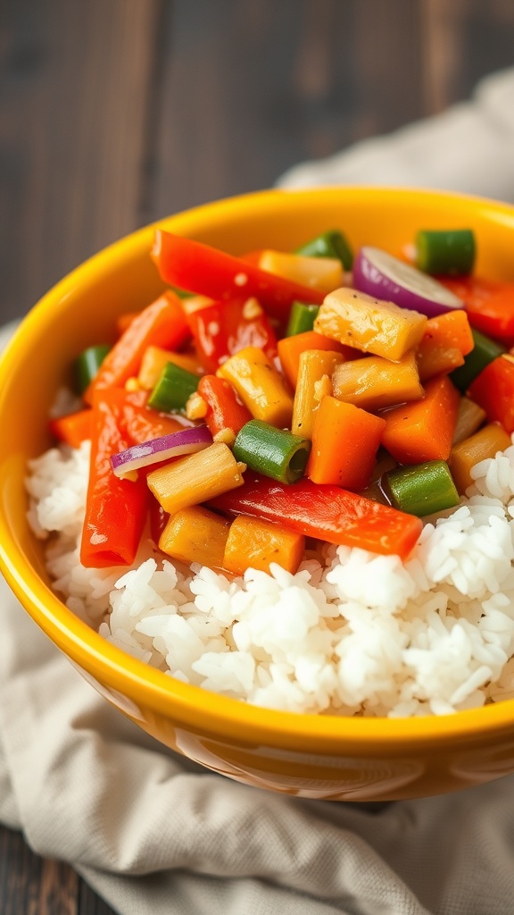 A bowl of vegetable stir-fry with colorful vegetables served over white rice.