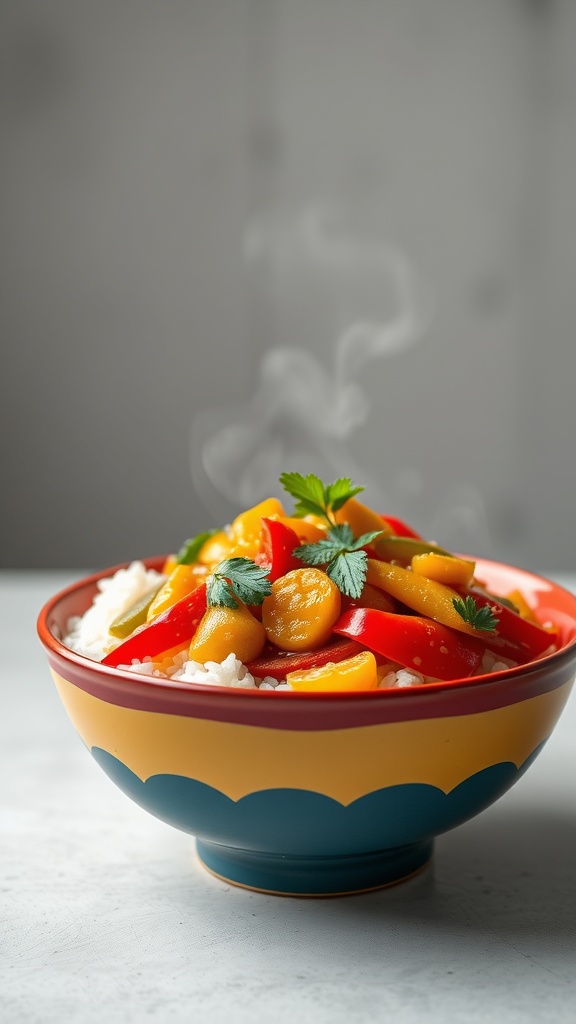 A colorful vegetable stir-fry served over rice in a decorative bowl.