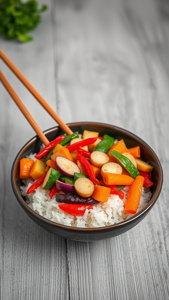 A bowl of vegetable stir-fry with rice, featuring colorful vegetables like bell peppers and carrots.