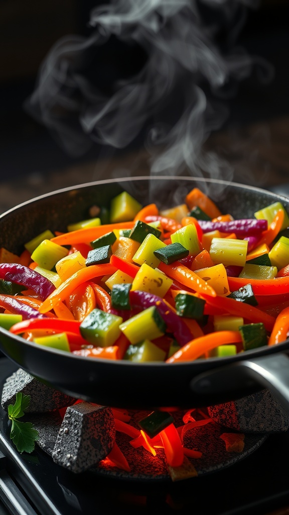 Colorful vegetable stir-fry in a pan with steam rising
