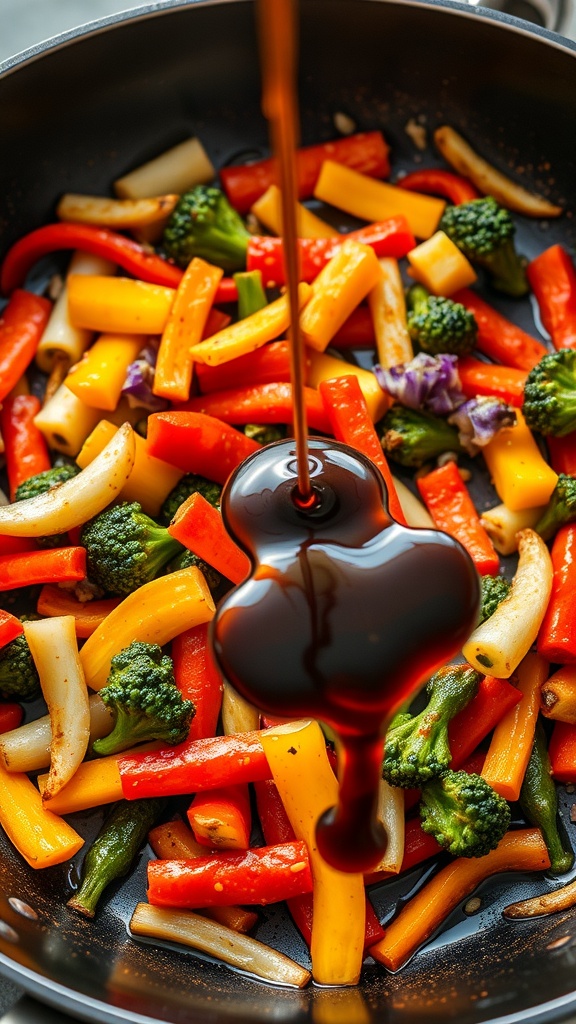 A vibrant vegetable stir-fry with bell peppers, broccoli, and snap peas being drizzled with soy sauce.