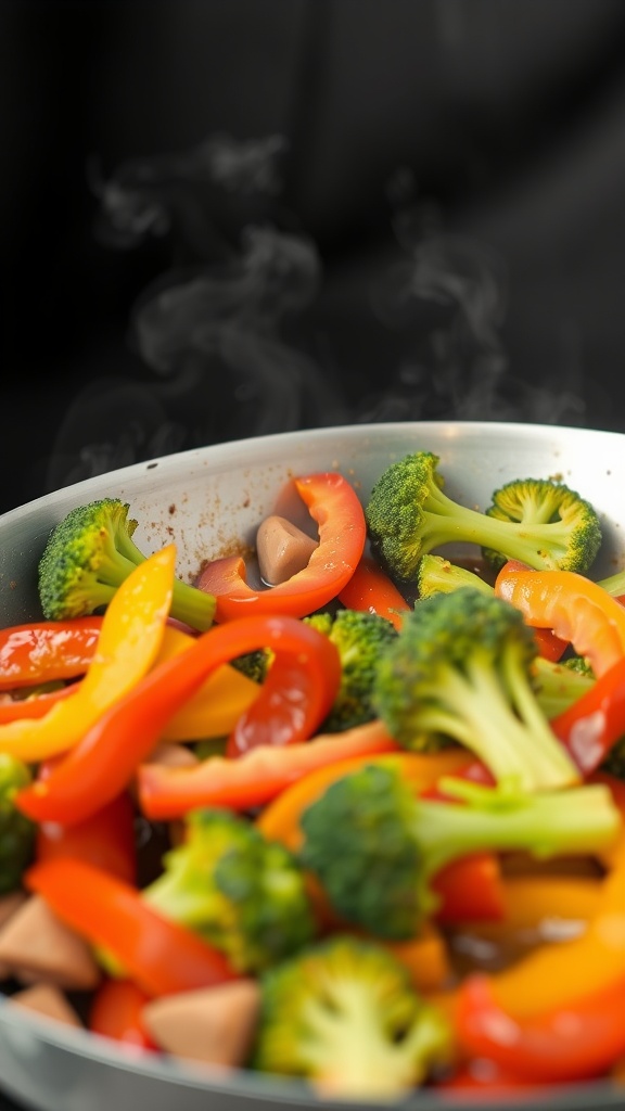 A colorful vegetable stir-fry with broccoli, bell peppers, and snap peas.