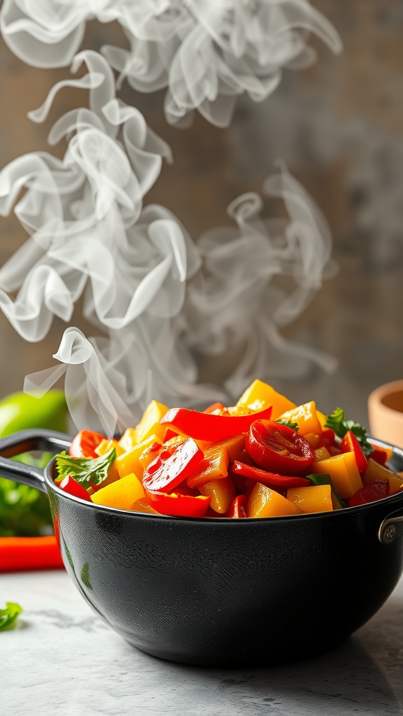 A steaming bowl of colorful vegetable stir-fry with soy sauce, showcasing a mix of bell peppers, broccoli, and carrots.