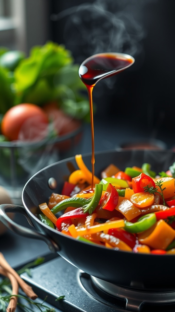 A colorful vegetable stir-fry dish with soy sauce, featuring fresh vegetables and seasonings.