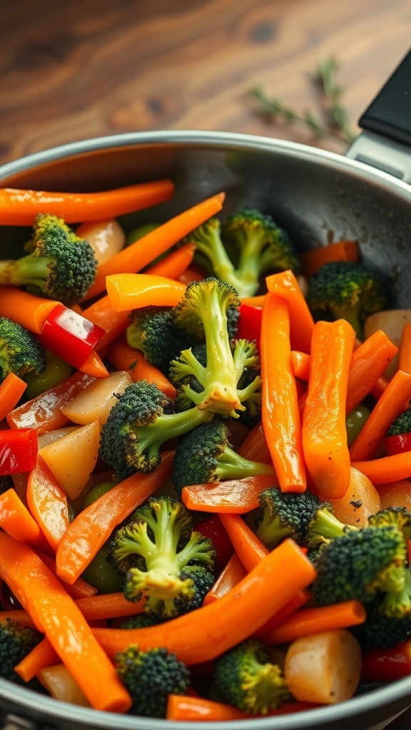 A colorful vegetable stir-fry with broccoli, bell peppers, carrots, and snap peas.