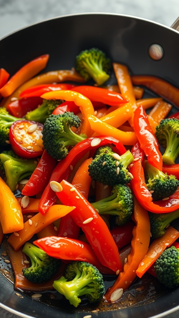 A colorful vegetable stir-fry with broccoli and bell peppers in a pan