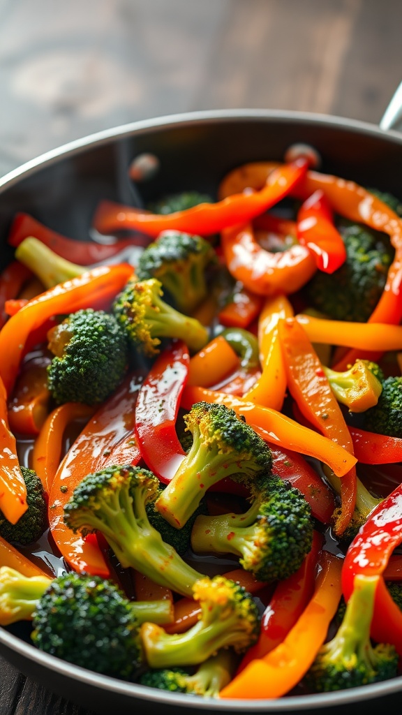 A vibrant vegetable stir-fry with broccoli and bell peppers in teriyaki sauce.