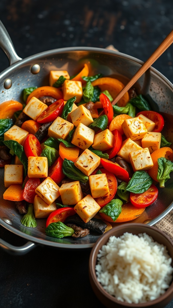 A colorful vegetable stir-fry with tofu served in a skillet.