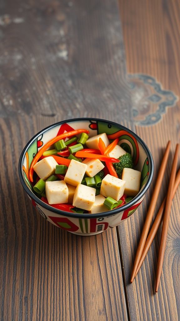A colorful bowl of vegetable stir-fry with tofu on a wooden table.