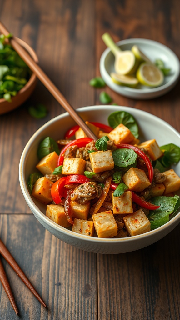A bowl of vegetable stir-fry with tofu, featuring colorful vegetables and garnished with fresh herbs.