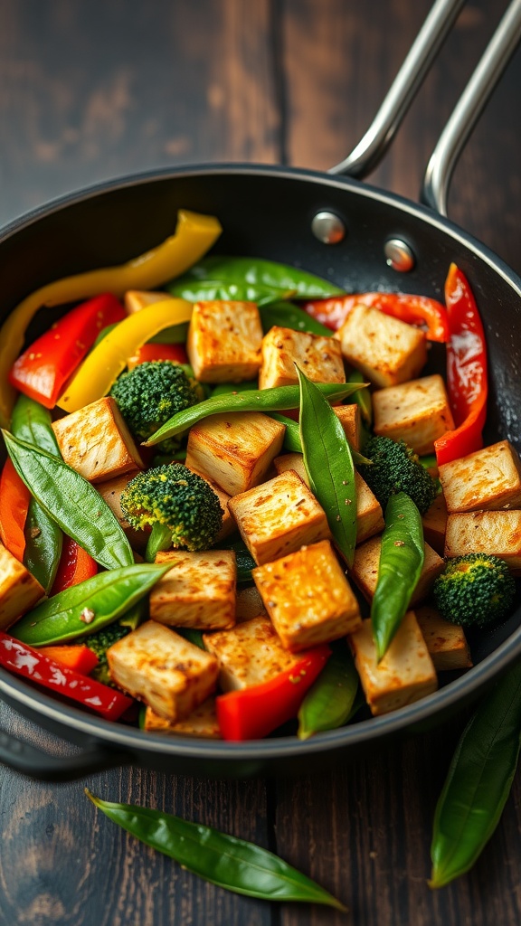 A vibrant vegetable stir-fry featuring tofu, broccoli, red and yellow bell peppers, and sugar snap peas.
