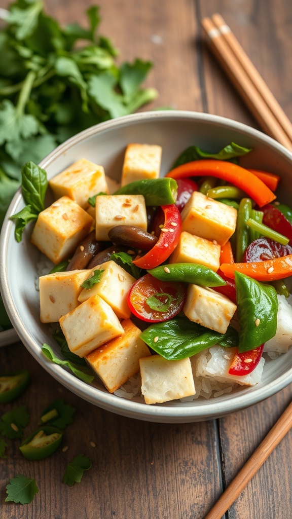 A colorful vegetable stir-fry with tofu served in a bowl