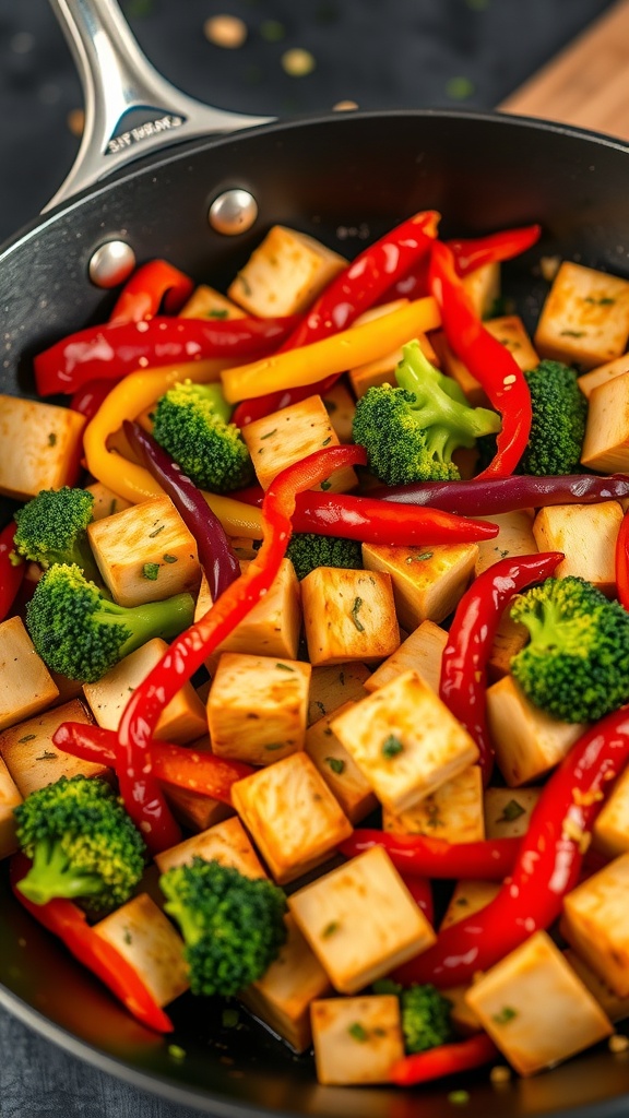 A colorful vegetable stir-fry with tofu in a frying pan, featuring bell peppers and broccoli.