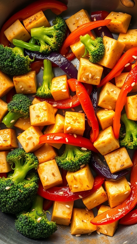 A colorful vegetable stir-fry with tofu, featuring broccoli and red bell peppers in a pan.