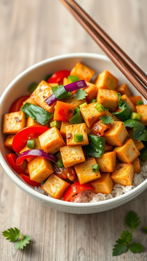 A colorful bowl of vegetable stir-fry with tofu, featuring bell peppers and green onions.