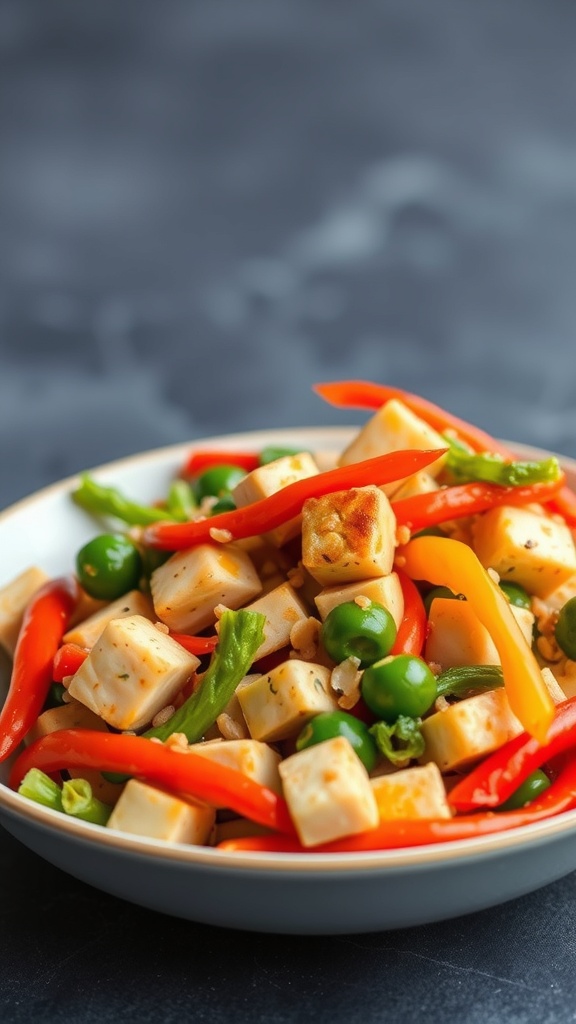 A colorful vegetable stir-fry with tofu featuring bell peppers and green peas.