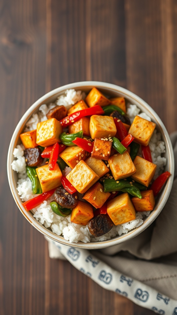 Bowl of vegetable stir-fry with tofu, colorful bell peppers, broccoli, and rice.