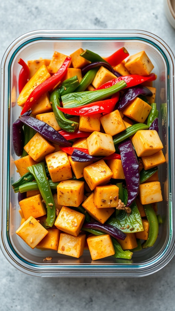 A colorful vegetable stir-fry with tofu in a glass container.