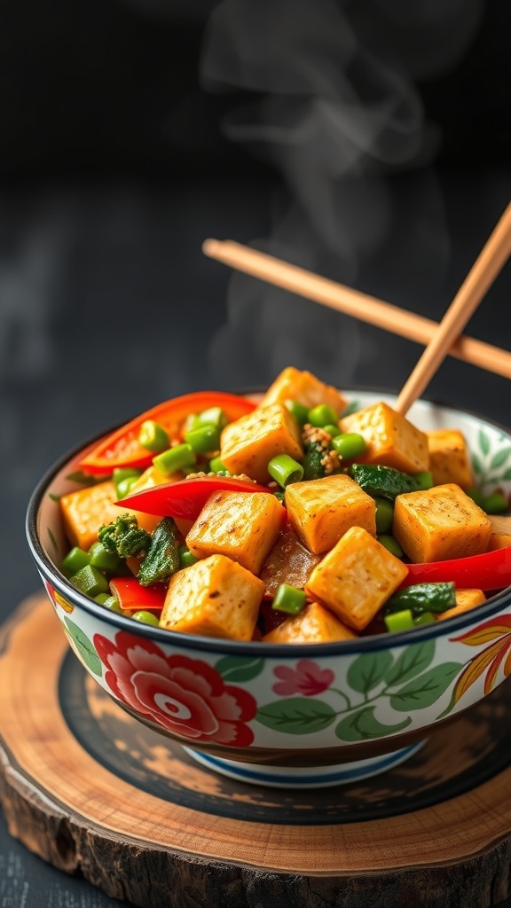 A colorful bowl of vegetable stir-fry with tofu, featuring vibrant vegetables and chopsticks.