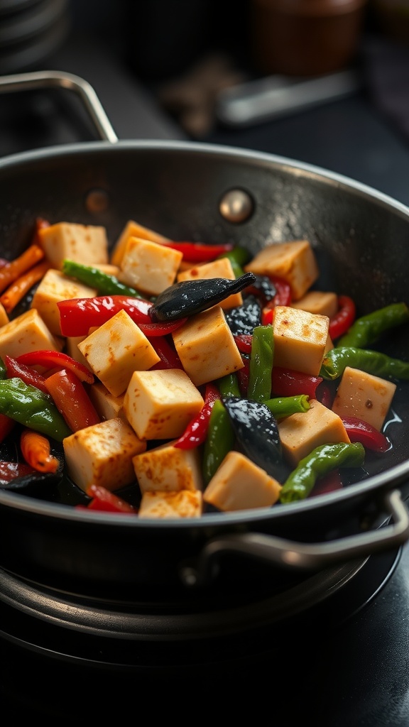 A colorful vegetable stir-fry with tofu in a pan, featuring bell peppers and green beans.