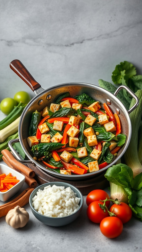 Vegetable stir-fry with tofu in a pan surrounded by fresh vegetables and rice.