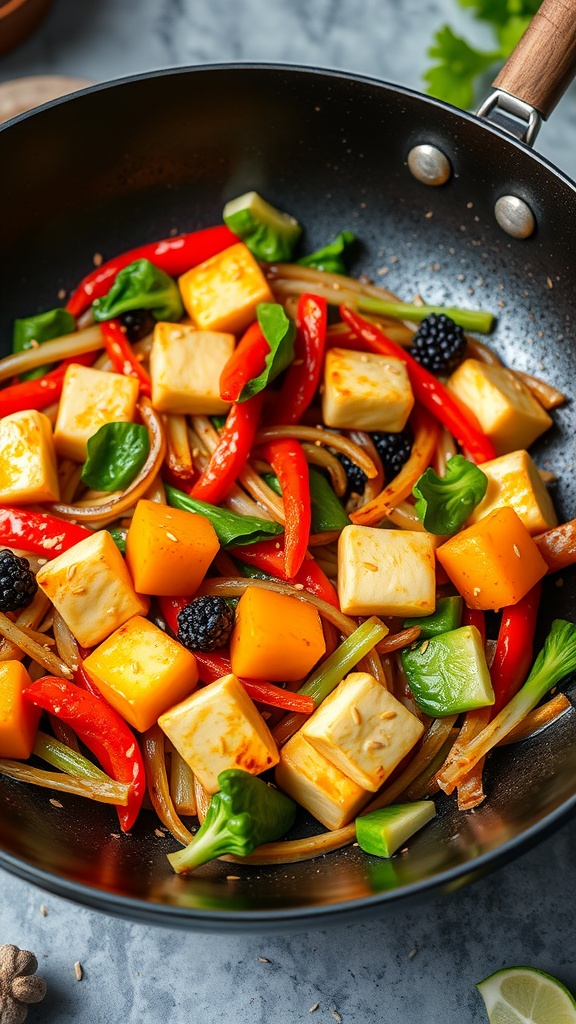 A colorful vegetable stir-fry with tofu and various vegetables in a black skillet.