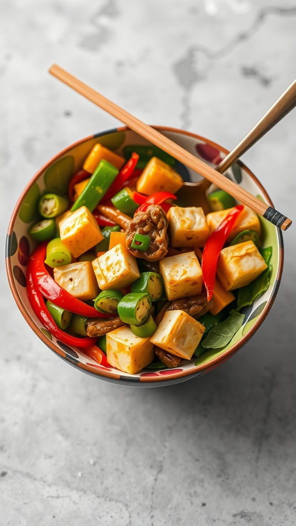 A colorful bowl of vegetable stir-fry with tofu, featuring various vegetables and tofu cubes.