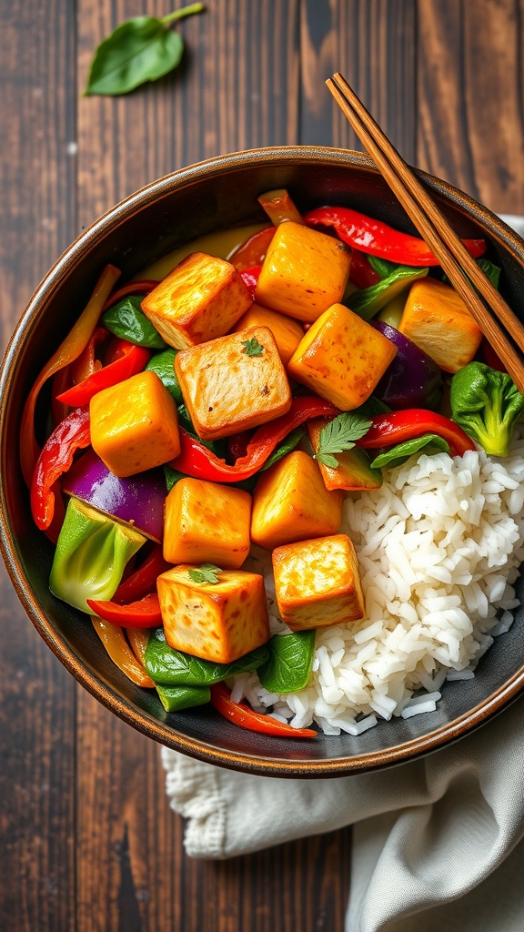 Vegetable stir-fry with tofu served over rice with colorful bell peppers and greens.