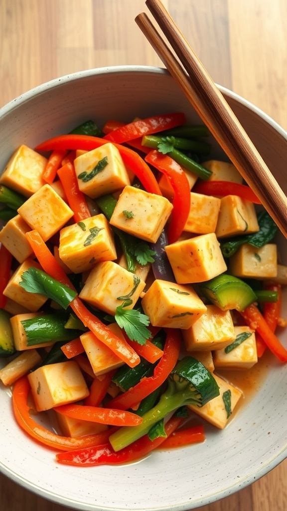 A colorful vegetable stir-fry with tofu, bell peppers, and green beans in a bowl with chopsticks.