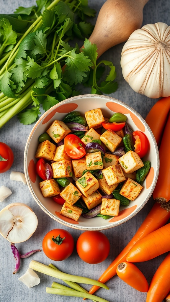 A colorful bowl of vegetable stir-fry with tofu, garnished with green onions.