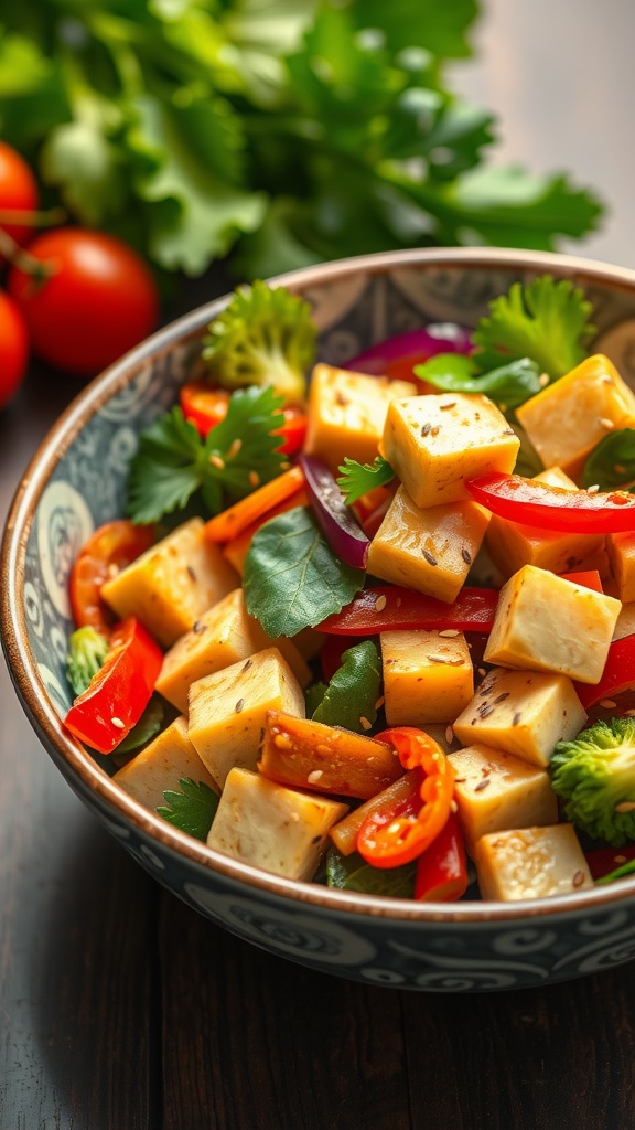 A colorful bowl of vegetable stir-fry with tofu, garnished with herbs and surrounded by fresh vegetables.