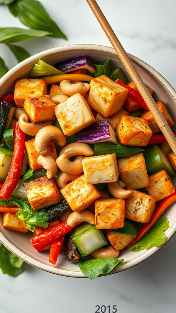 A bowl of colorful vegetable stir-fry with tofu and cashews, served with chopsticks.